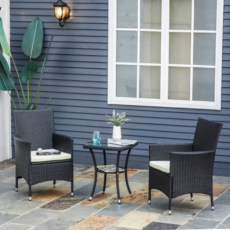 Outsunny 3 Pieces Patio Bistro Set, Outdoor PE Rattan Porch Furniture with Two Armchairs, Glass Top Coffee Table, Black