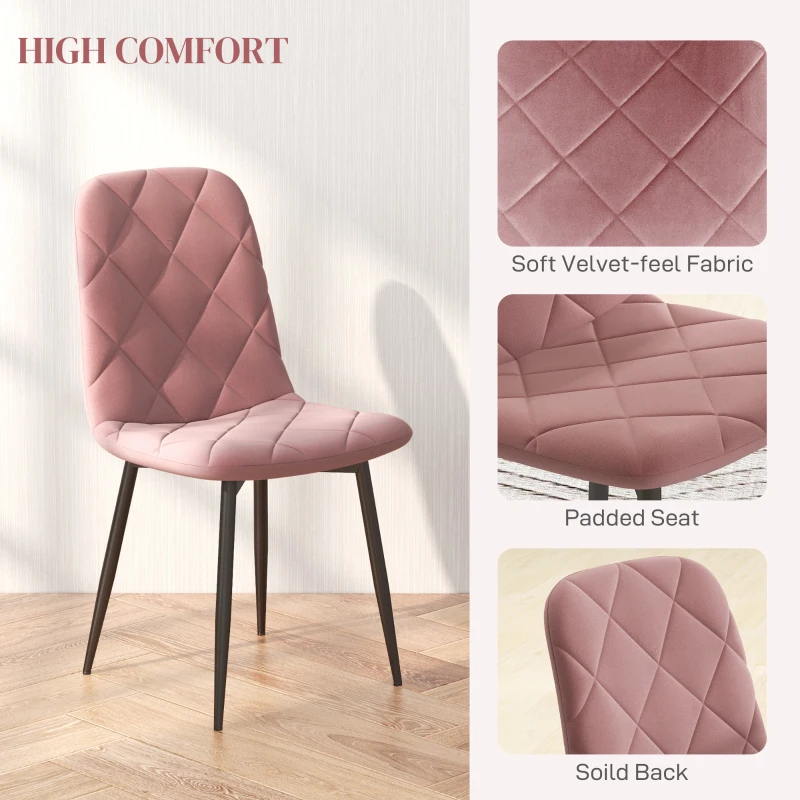 HOMCOM Dining Chairs Set of 4, Upholstered Dining Room Chairs with Steel Legs, Modern Kitchen Chair for Dining Room, Pink