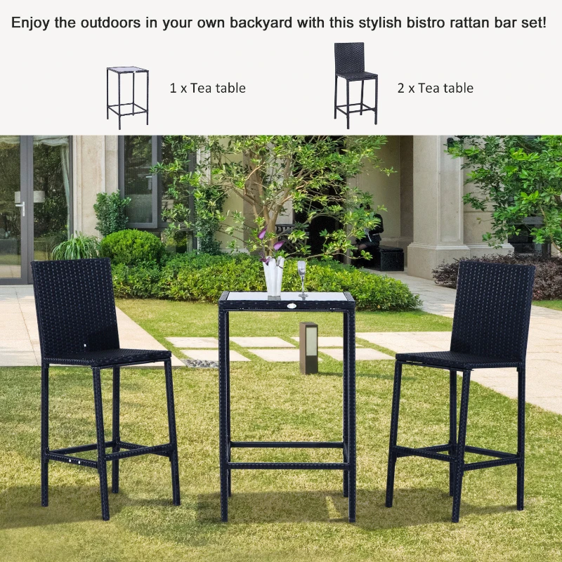 Outsunny 3 Piece Patio Bar Set Wicker Rattan Garden Bistro Set Barstool and Table for Patio Backyard Balcony Poolside, Black