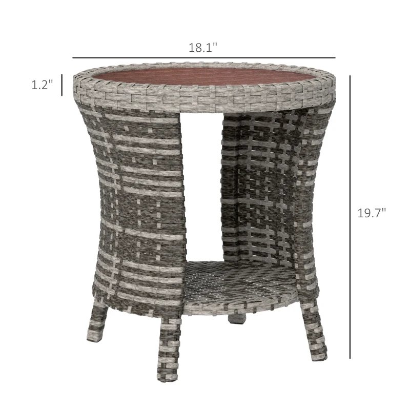 Outsunny 18" Wicker Outdoor Coffee Table, PE Rattan Patio Side Table with 2-Tier Storage, Composite Wood Top, Mixed Gray