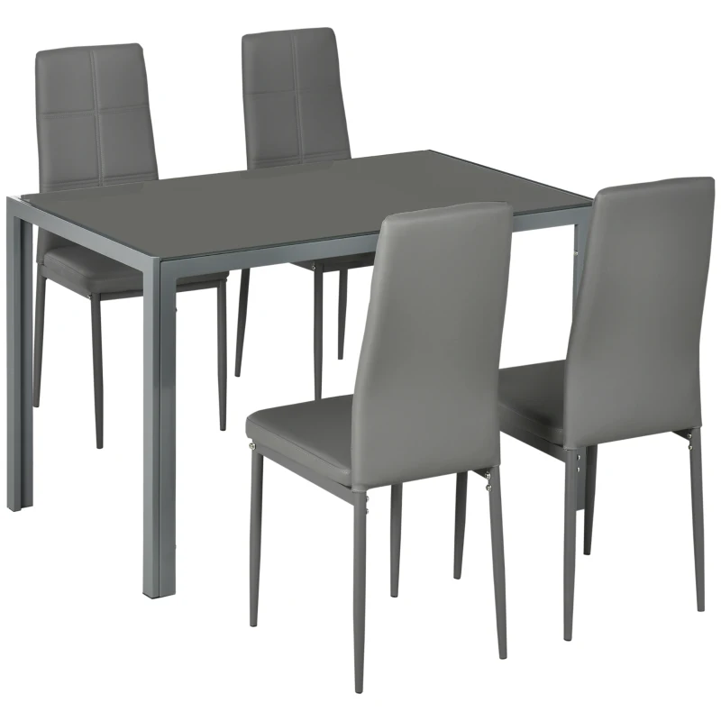 HOMCOM 5-Piece Rectangular Glass Kitchen Table and Chairs with Metal Frame and Faux Leather Upholstery for Dining Room, Grey