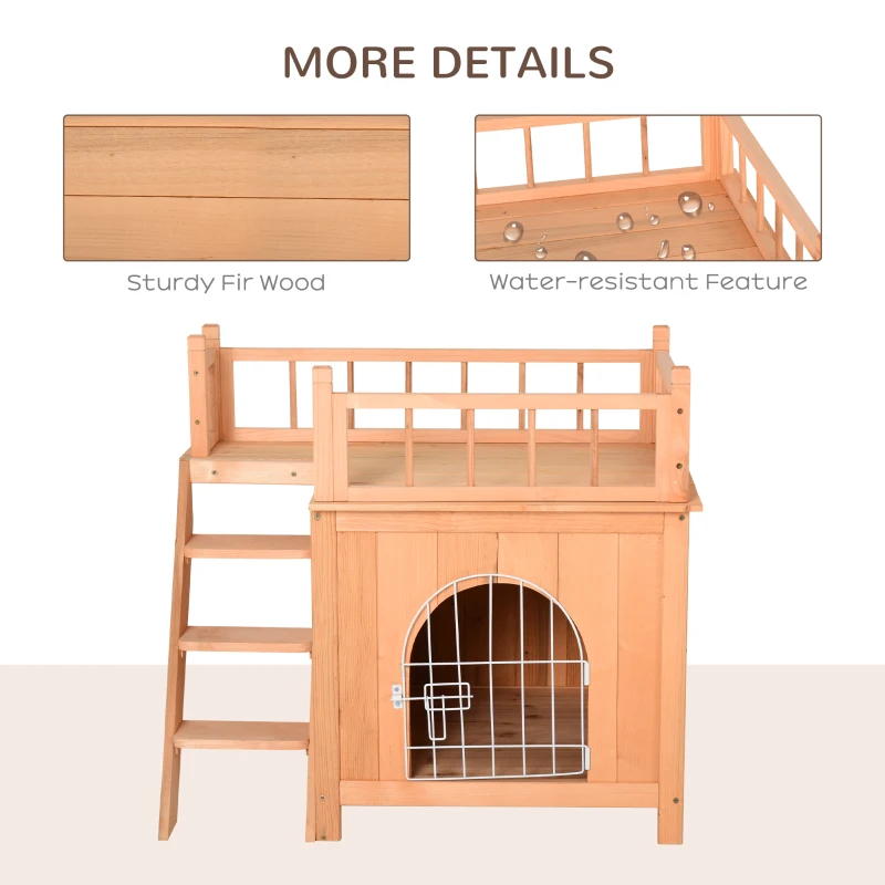 PawHut 2-Level Wooden Cat House, Outdoor Dog Shelter Cat Condo with Lockable Wire Door and Balcony, Natural Wood