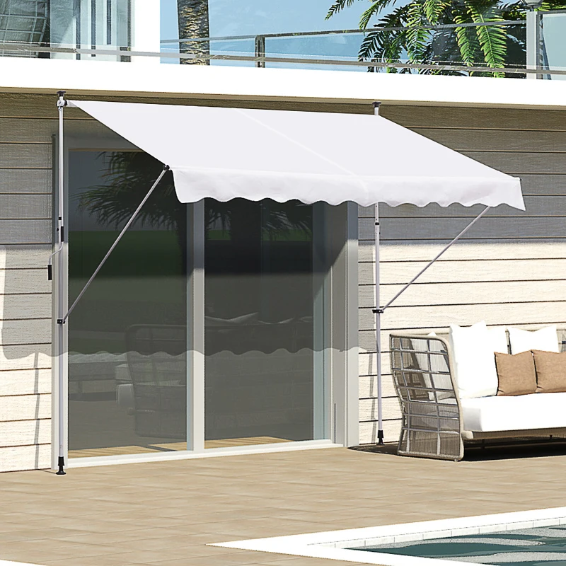 Outsunny 10x5ft Manual Retractable Awning, Patio Sun Shade Canopy Shelter with 5.6-9.2ft Support Pole, Water Resistant UV Protector, for Window, Door, Porch, Deck, White