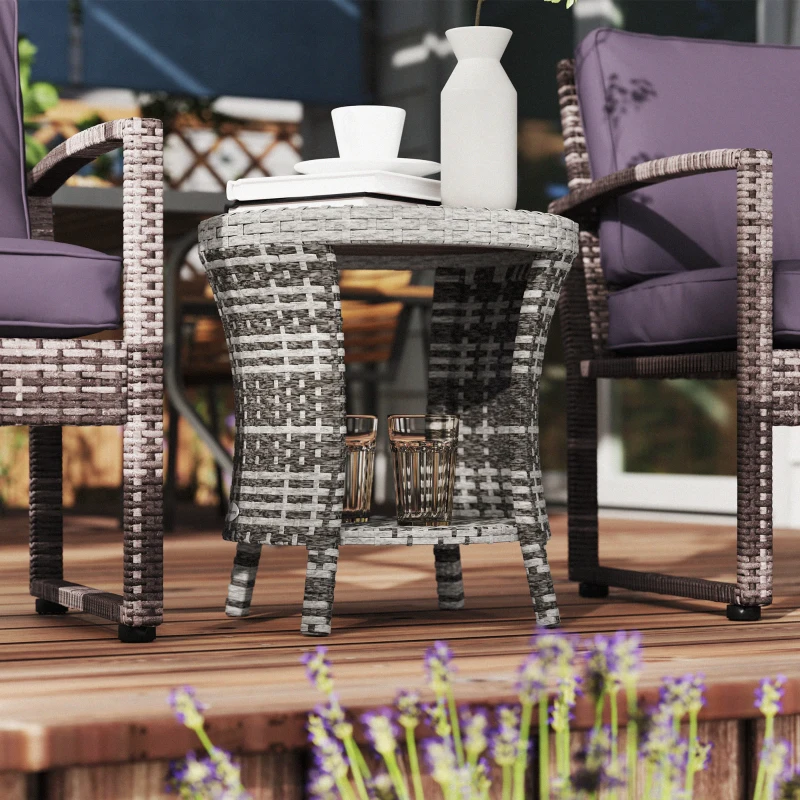 Outsunny 18" Wicker Outdoor Coffee Table, PE Rattan Patio Side Table with 2-Tier Storage, Composite Wood Top, Mixed Gray