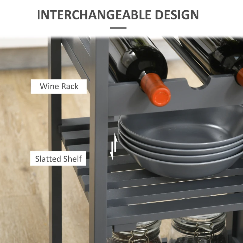 HOMCOM Rolling Kitchen Island with Storage, Kitchen Cart with 4-bottle Wine Rack, Bar Cart with Stemware Holder, Shelves, Drawer and Cabinet, Gray