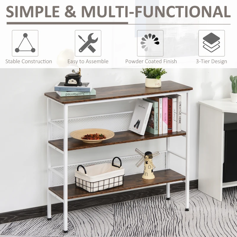 HOMCOM 3-Tier Console Table Industrial Style Storage Metal Wooden Shelf with a Robust Multi-Functional Design & Adjustable Feet, White