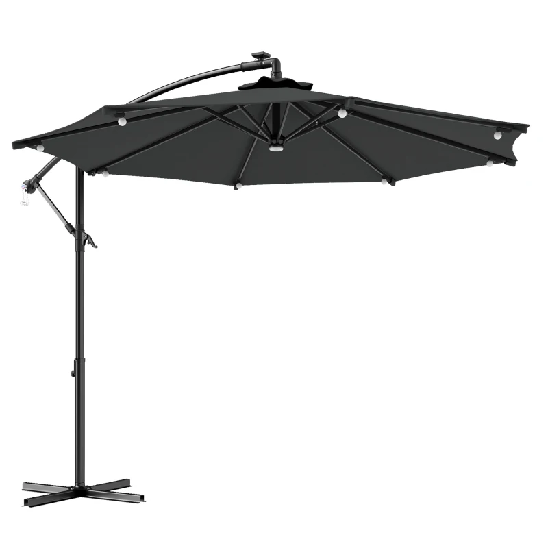 Outsunny 8.8FT Cantilever Patio Umbrella with Solar Powered LED Lights, Crank Handle, Cross Base for Outdoor Sun Shade, Grey