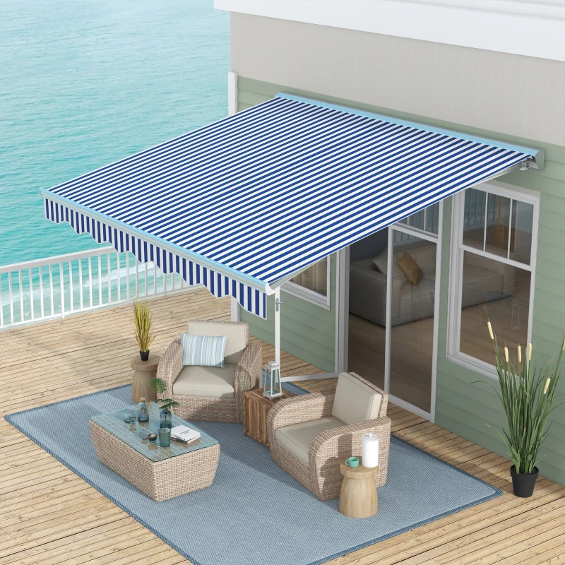 Outsunny 13' x 10' Electric Awning, Retractable Awning with LED Lights and Remote Controller for Door and Window, Blue and White