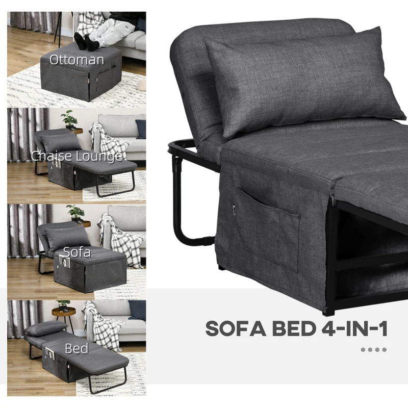 HOMCOM Folding Sofa Bed, 4-in-1 Multi-Function Sleeper Chair Bed Ottoman with Adjustable Backrest, Pillow, Side Pocket for Home Office, Bedroom, Living Room, Charcoal Gray