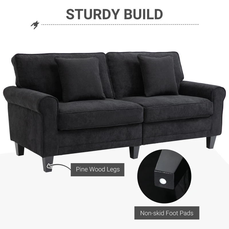 HOMCOM Modern 3-Seater Sofa 78" Thick Padded Comfy Couch with 2 Pillows, Corduroy Fabric Upholstery, Pine Wood Legs and Rounded Arms for Living Room, Black