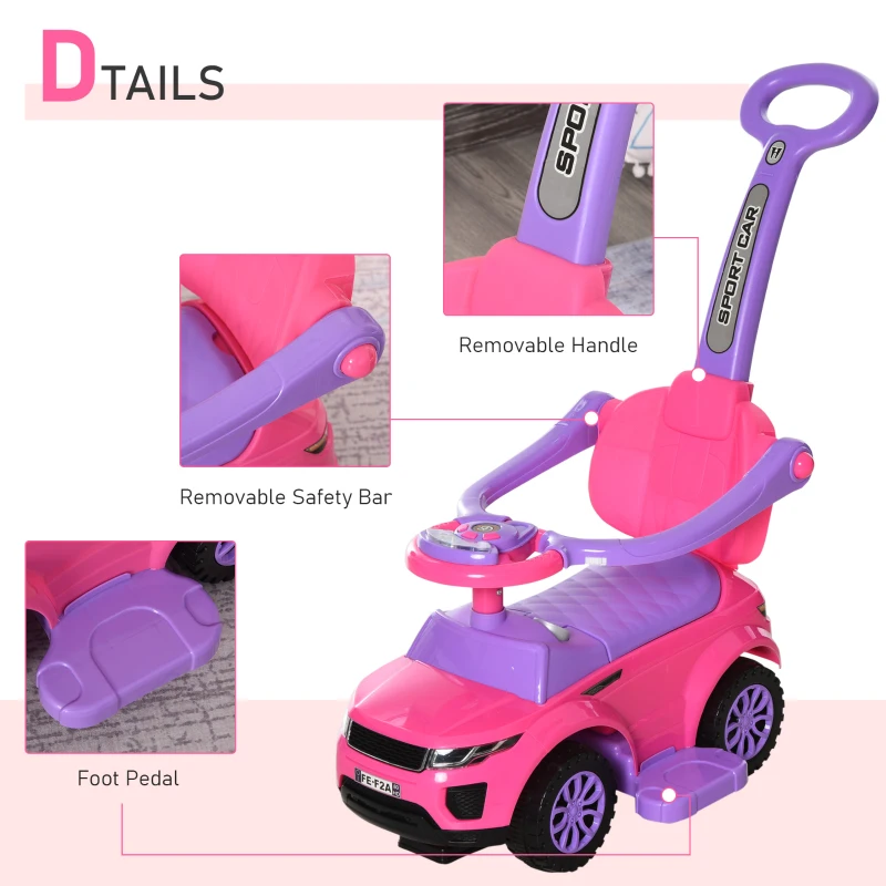 Aosom 2 In 1 Push Cars for Toddlers Kid Ride on Push Car Stroller Sliding Car with Horn Music Light Function Secure Bar Ride on Toy for Boy Girl 1-3 Years Old Pink