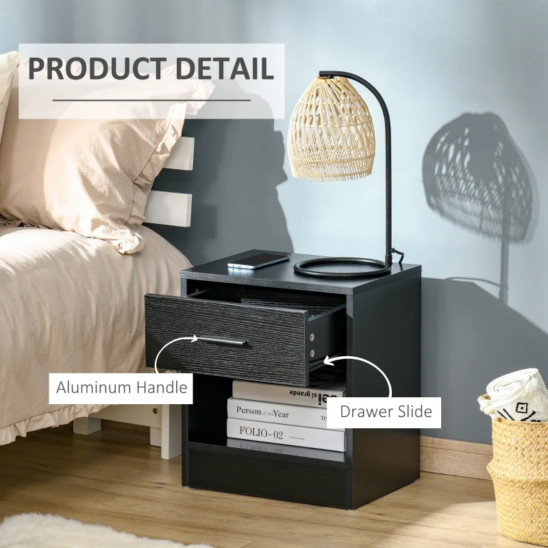 HOMCOM Modern Side Table with Drawer and Storage Shelf, End Table for Living Room, Black Wood Grain