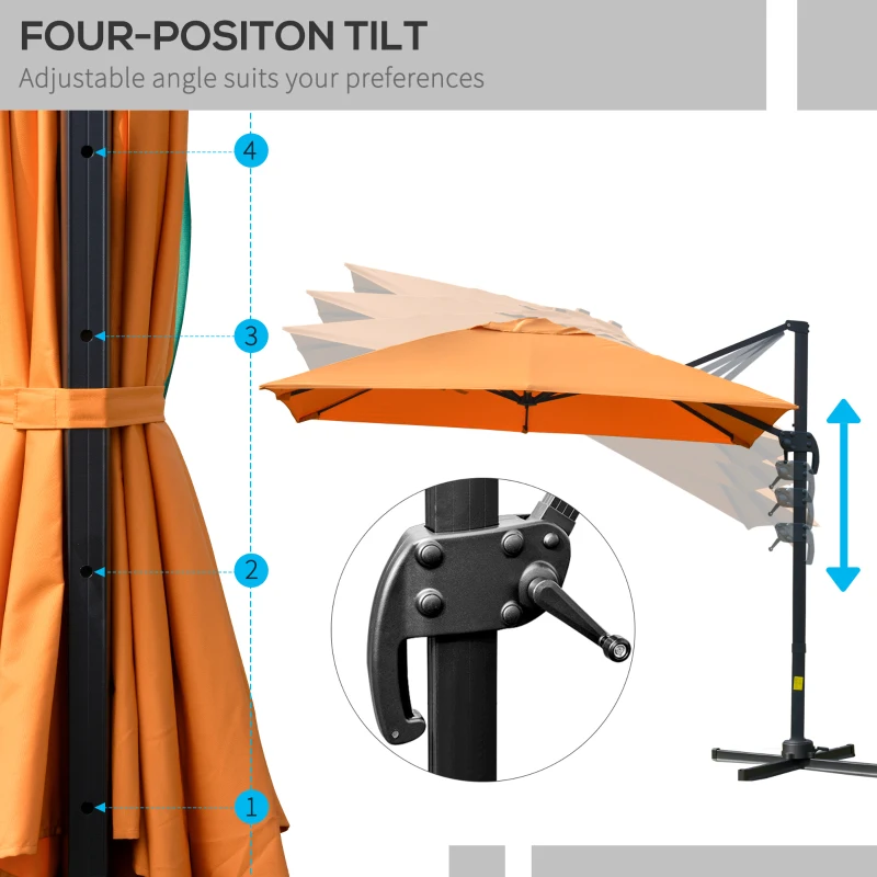 Outsunny 9.8x9.8ft Cantilever Umbrella Rotatable Square Top Market Parasol with 4 Adjustable Angle for Backyard Patio Outdoor Area Orange