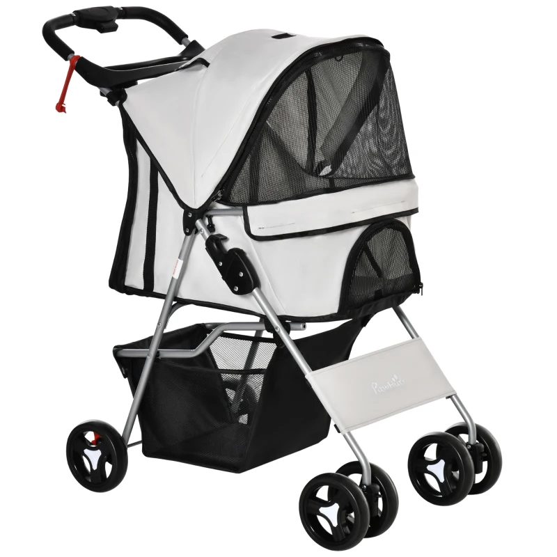 PawHut Dog Stroller, One-click Folding Pet Stroller with Cup Holder, 4 Wheels Travel Carrier w/ Brakes, 360° Swiveling Front Wheels, Storage Basket, for XS/Small Dogs Cats, Grey