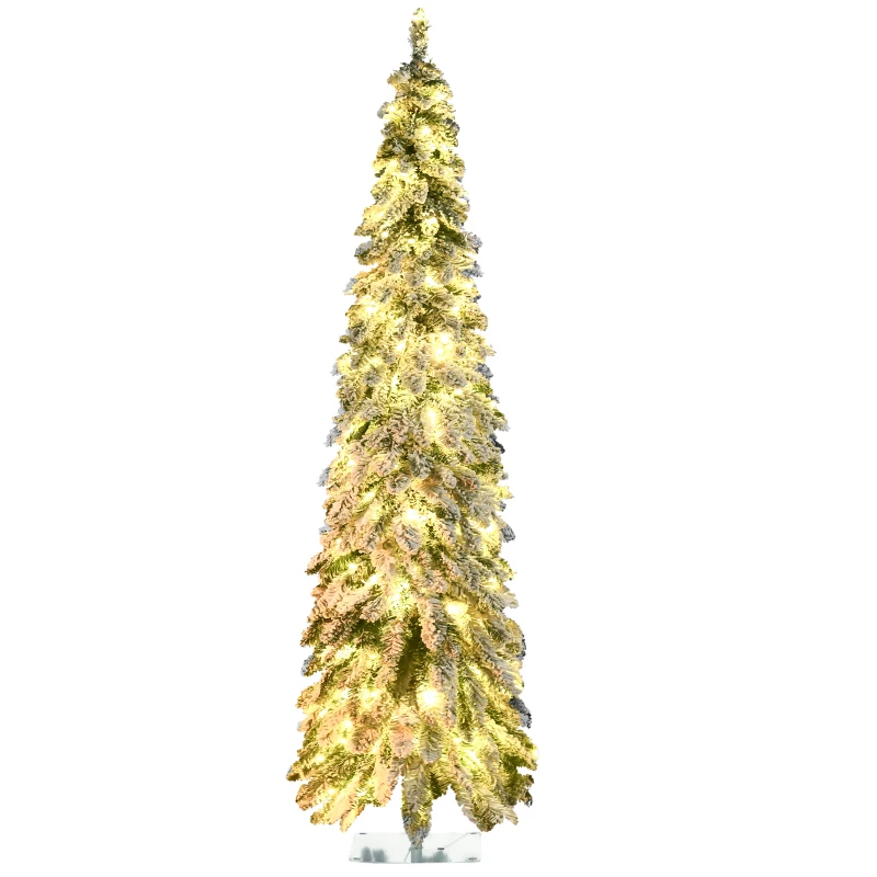 HOMCOM 6' Artificial Slim Christmas Trees, with Snow Frosted Branches, Warm White or Colorful LED Lights, Downswept Shape