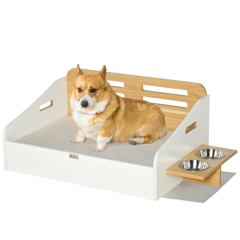 PawHut Elevated Dog Bed with Dog Bowls, Raised Furniture Style Pet Sofa for Cat with Soft Cushion, Washable Cover, for Small and Medium Sized Dog