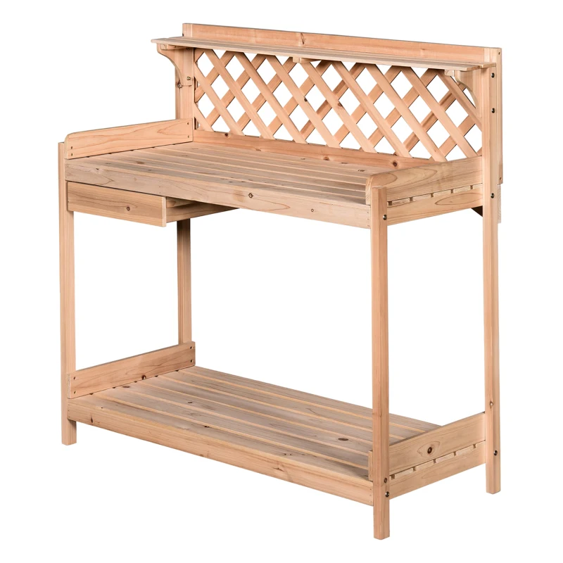 Outsunny Outdoor Garden Potting Bench, Wooden Workstation Table w/ Drawer, Hooks, Open Shelf, Lower Storage and Lattice Back for Patio, Backyard and Porch