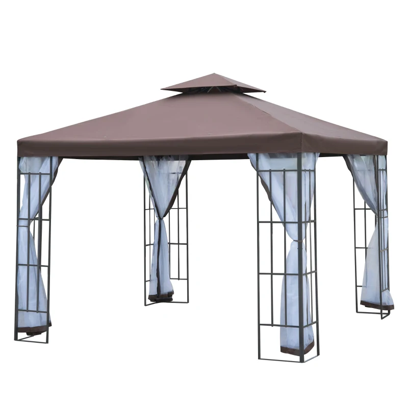 Outsunny 10' x 10' Outdoor Gazebo, Double Roof Outdoor Gazebo Canopy Shelter with Mesh Netting, Steel Corner Frame for Patio, Backyards and Parties, Coffee