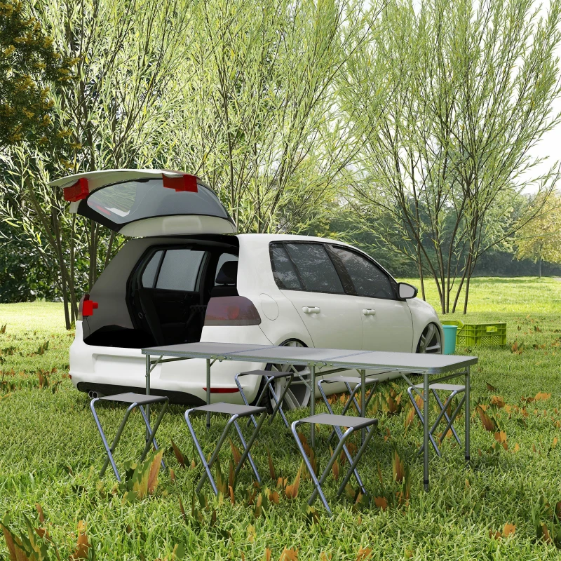 Outsunny Folding Picnic Table and 6 Stools, Camping Table and Chairs with Aluminum Frame for Outdoor, Picnic, Beach, BBQ, Grey