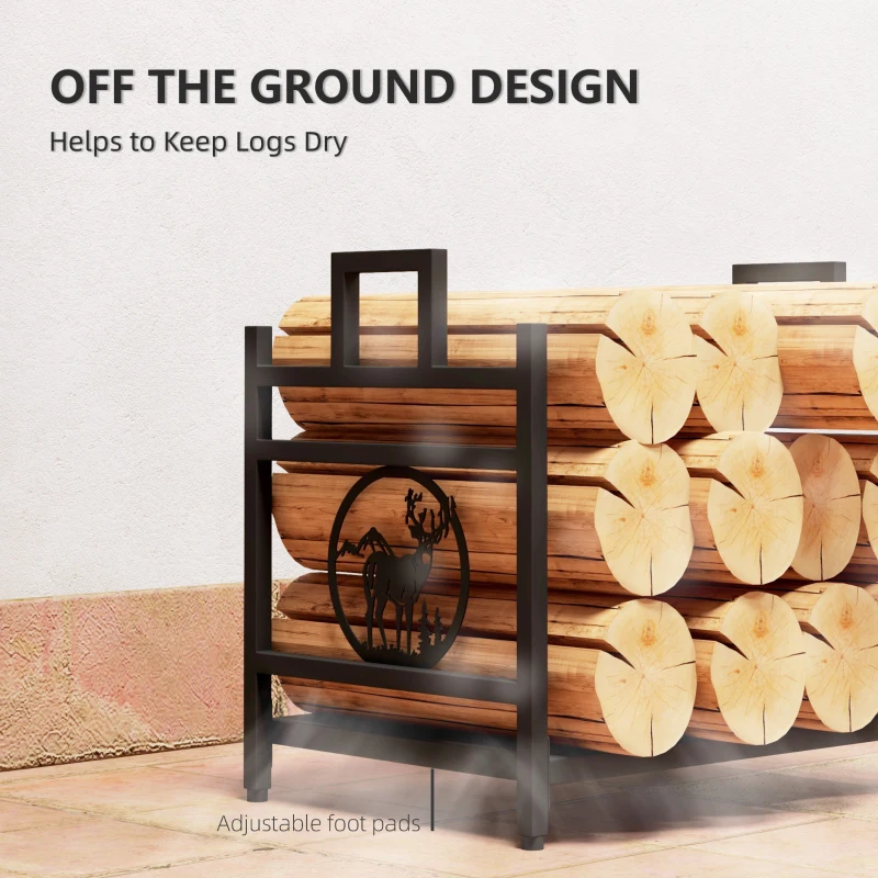 Outsunny Decorative Firewood Rack Outdoor Indoor Steel Wood Storage Log Holder with Side Handles, 19.7" x 13.4" x 17.7", Black