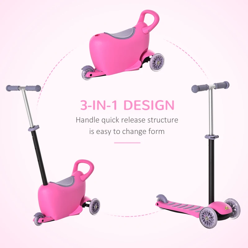 Qaba 3-in-1 Ride On Push Car, Kids Scooter, Sliding Walker, Push Rider, with Adjustable Handlebar, 3 Balanced Wheels, Removable Storage Seat, for Boys and Girls Aged 2-6 Years Olds, Pink