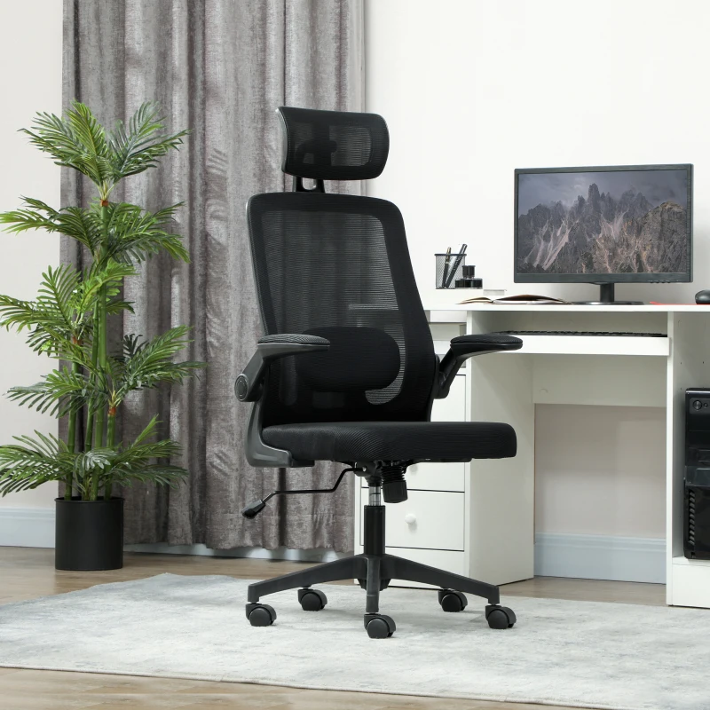 HOMCOM Mesh Office Chair, Ergonomic Desk Chair with Flip-up Armrest, Rotatable Headrest, Adjustable Lumbar Support, Black