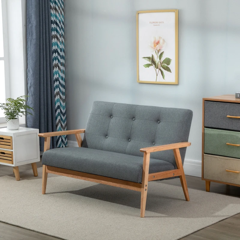 HOMCOM 45" 2 Seat Sofa, Upholstered Two Seater Couch with Rubber Wood Legs for Bedroom, Living Room, Dark Grey