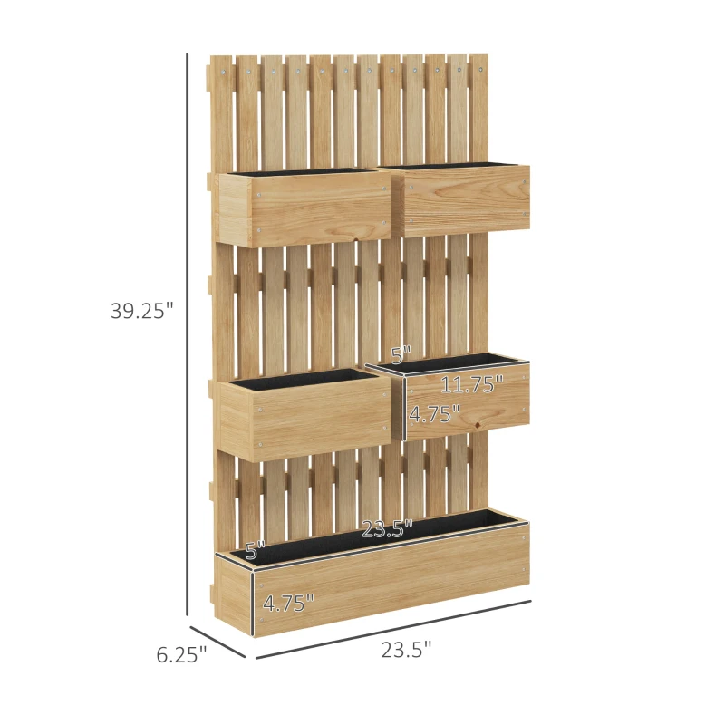 Outsunny 5 Box Raised Garden Bed w/ Trellis for Climbing Plants, Wall-Mounted Wood Planters w/ Drainage Holes, Natural