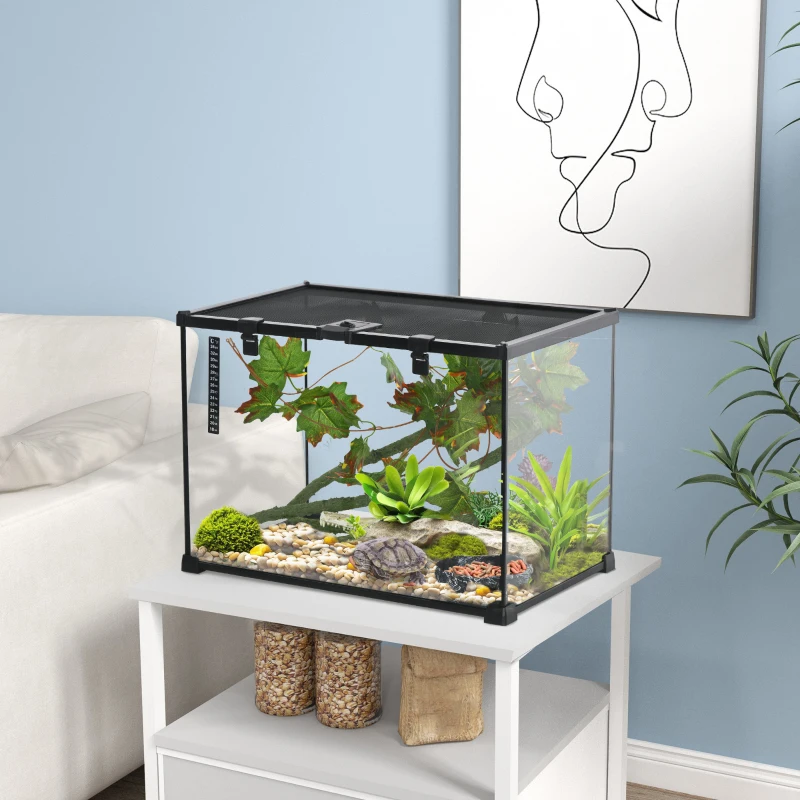 PawHut 14 Gallon Glass Reptile Terrarium Tank, Box Full View with Sliding Screen Top, 20" x 12" x 14", Black