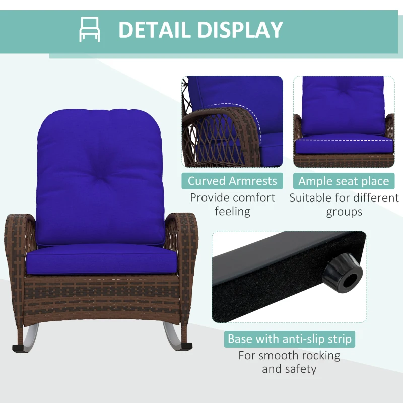 Outsunny Outdoor Wicker Rattan Rocking Chair Patio Rocker with Thick Cushions for Garden Backyard Porch, Dark Blue