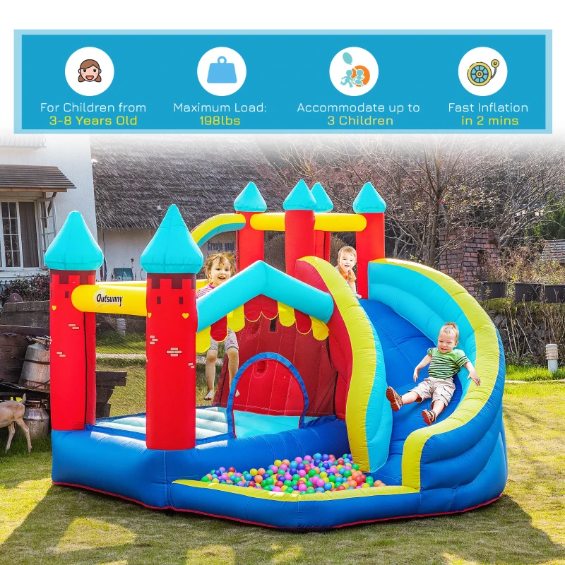 Outsunny 4 in 1 Inflatable Bounce House with Slide, Climbing Wall, and Pool or Ball Pit, Jumping Castle, Four Fun Activities, Water Bounce House for Kids