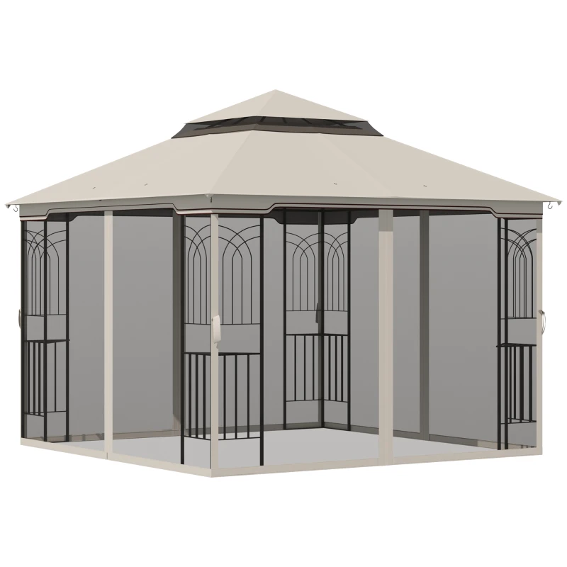 Outsunny 10'x10' Soft-top Patio Gazebo with Double Tier Roof, Mesh Curtains, Display Shelves, Top Hooks, Beige