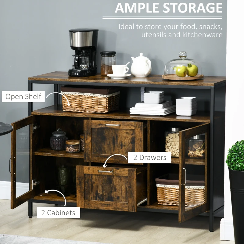 HOMCOM Kitchen Sideboard Industrial Style Serving Buffet Storage Cabinet Cupboard with Adjustable Shelves, Glass Doors, 2 Drawers for Dining, Living Room, Rustic Brown