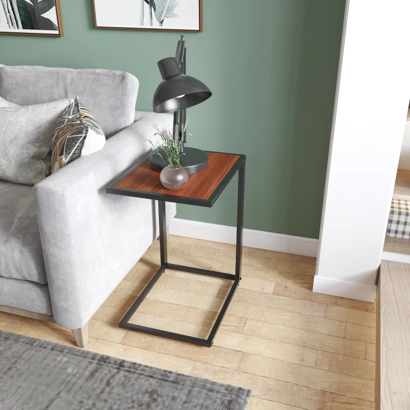 HOMCOM C-Shaped End Table, Laptop Table with Metal Frame, Sofa Side Table for Living room, Bedroom, Walnut