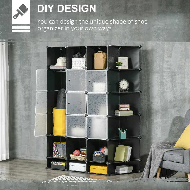 HOMCOM Cube Storage Organizer, DIY 20-Cube Modular Cabinet, Shoe Rack with Doors for Living Room, Black