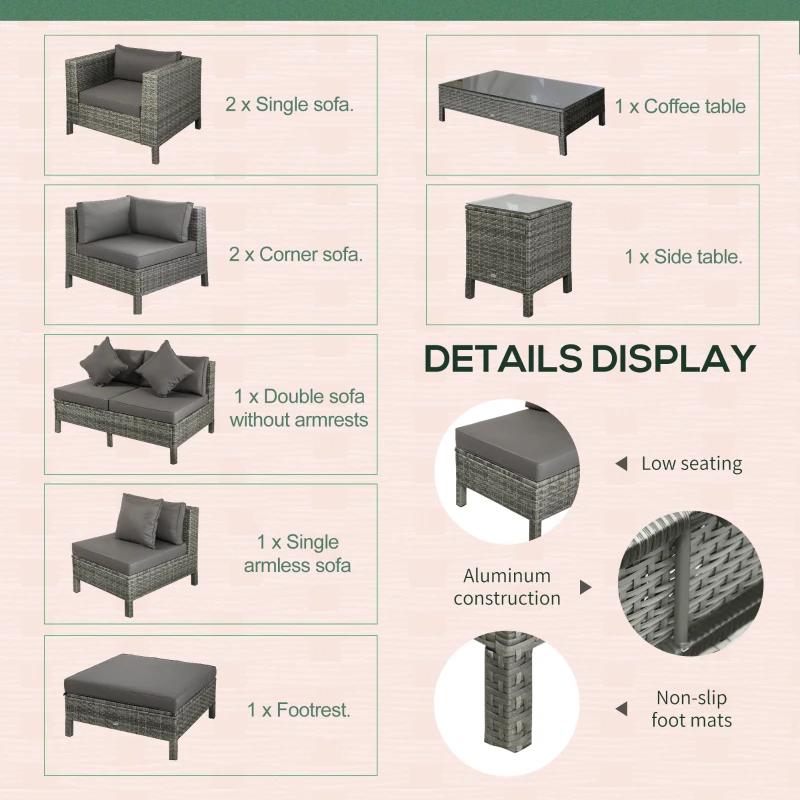 Outsunny Patio Furniture Set, 9 Piece Outdoor Sectional Sofa, All-Weather PE Rattan Wicker Conversation Set with Chairs, Ottoman, Loveseat, Coffee and Side Table, Cushions, Gray