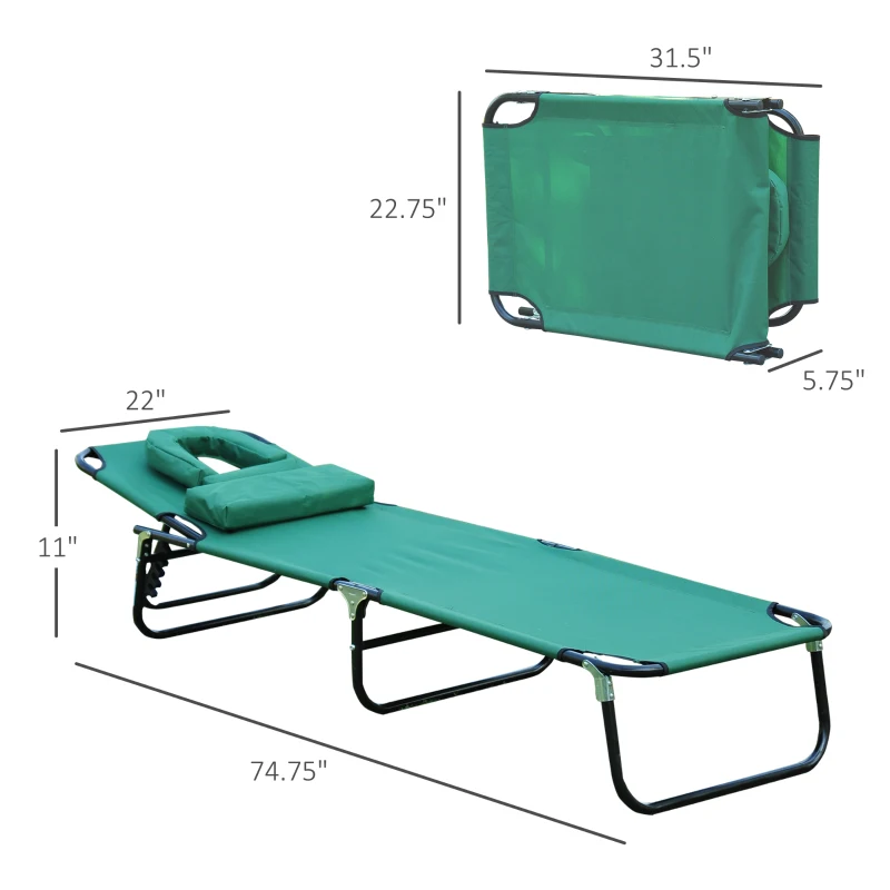 Outsunny Folding Outdoor Lounge Chair, Portable Reclining Beach Lounger with Face Hole, Detachable Pillow, 3-Position Adjustable Backrest, For Patio, Garden, Poolside, Green