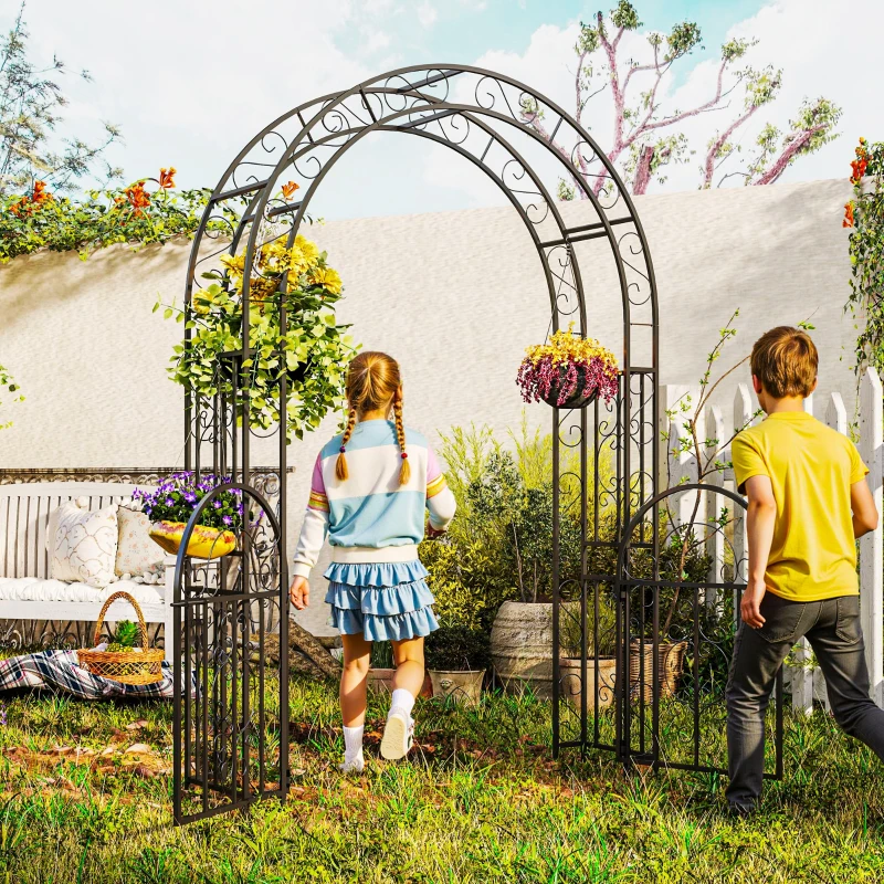Outsunny 7.4ft Steel Garden Arch with Gate, Garden Arbor Trellis for Climbing Plants, Roses, Vines, Wedding Arch for Outdoor, Garden, Lawn, Backyard, Black