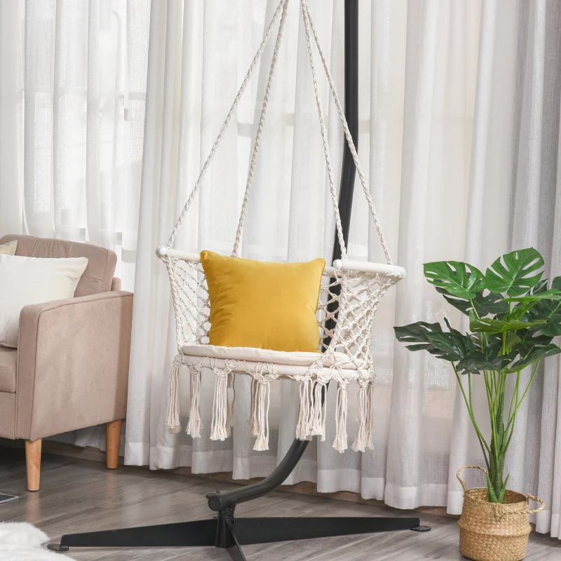 Outsunny Hanging Hammock Chair, Cotton Rope Porch Hammock Swing with Metal Frame and Cushion, Large Macrame Seat for Patio, Garden, Bedroom, Living Room, Cream White