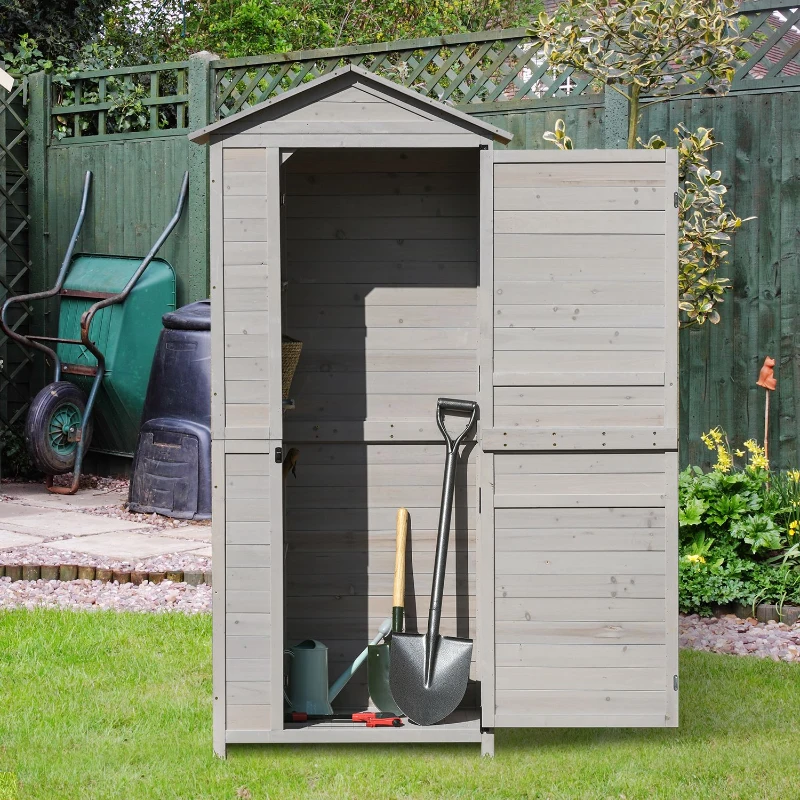 Outsunny Outdoor Wooden Garden Shed, 4 Tiers Tool Shed Kit with 3 Shelves for Garden and Patio, 36"x25"x79", Light Grey