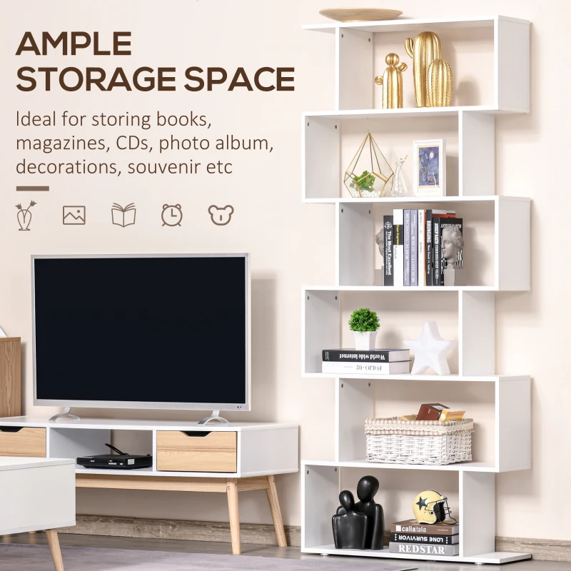 HOMCOM 76" 6-Tier Geometric Wooden Bookcase S Shaped Storage Display Bookshelf Modern shelf Open Concept Living Room Home Office Furniture, White