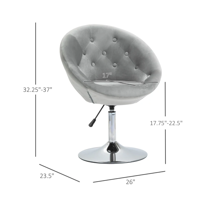 HOMCOM Modern Makeup Vanity Chair Round Tufted Swivel Accent Chair with Chrome Frame Height Adjustable for Living Room, Bedroom Gray