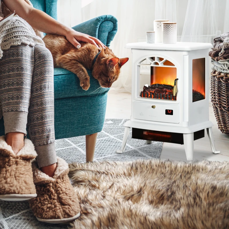 HOMCOM 23" Electric Infrared Fireplace Stove, Freestanding Fire Place Heater with Realistic Log Flame, Adjustable Temperature, Timer, 1000W/1500W, White