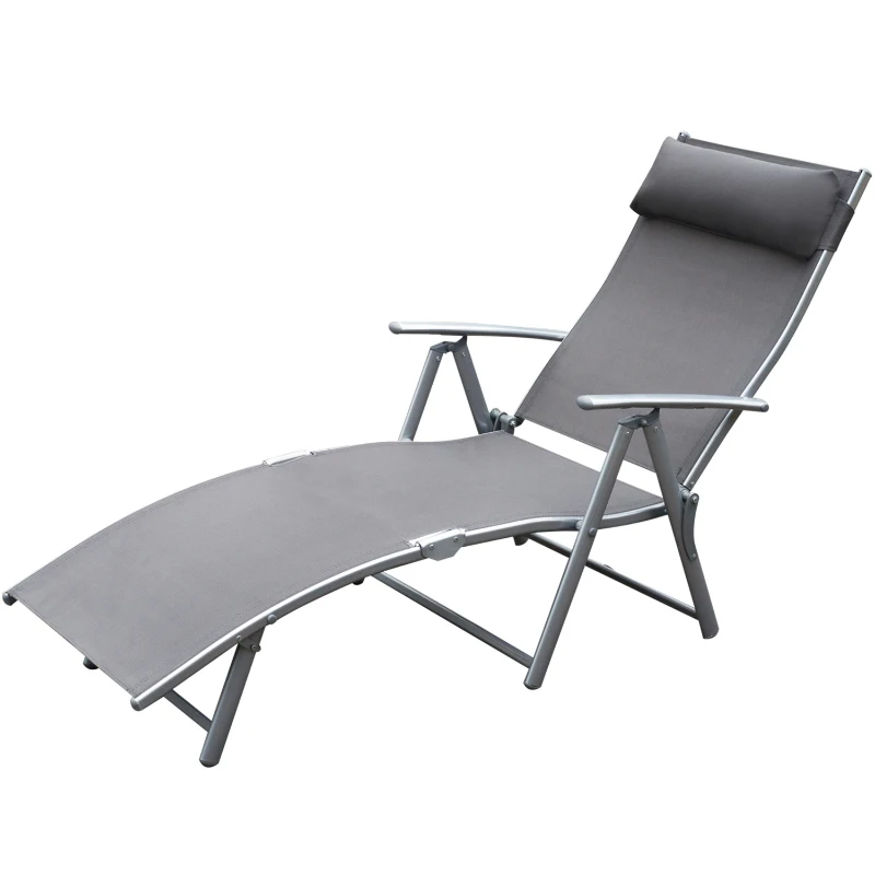 Outsunny Chaise Lounge Foldable Outdoor Chair, Portable, 7-Position Adjustable Reclining Tri-fold Chair for Camping, Sunbathing & Tanning at the Beach, Swimming Pool with Pillow, Grey