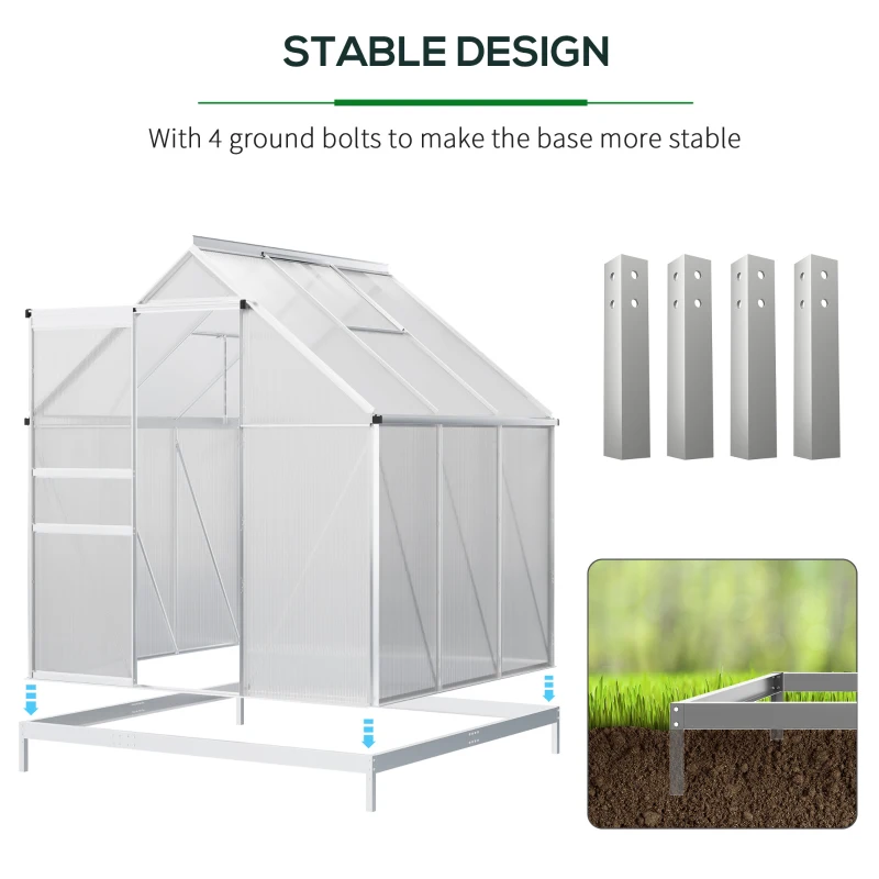 Outsunny 6' x 6' x 6.5' Polycarbonate Greenhouse with Aluminum Frame, Walk-in Heavy Duty Green House with Adjustable Roof Vent, Rain Gutter and Sliding Door for Winter, Silver