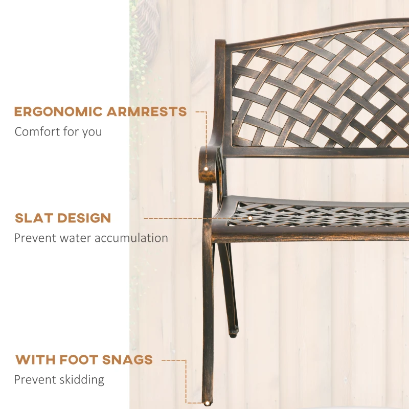 Outsunny Metal Garden Bench for Front Porch, Loveseat Like 2 Person, Armrests, Copper Color Cast Aluminum, Weaving Latticework Outdoor Furniture, Bronze Color