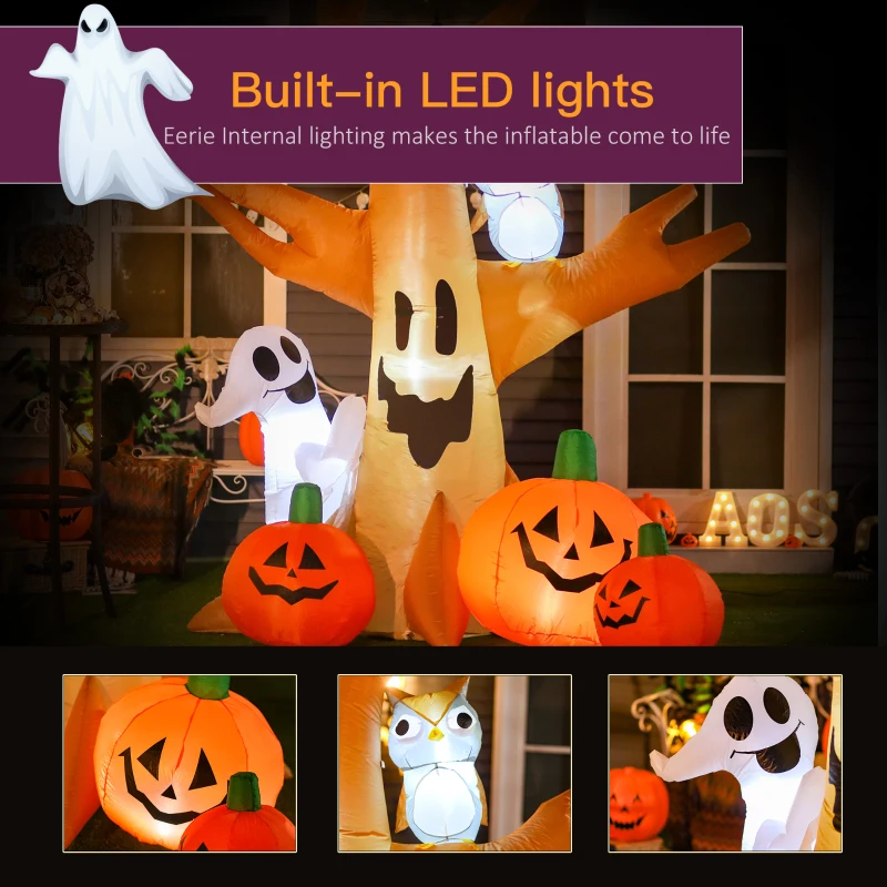 HOMCOM Inflatable Halloween Decoration Haunted Tree with Owl, Ghost, Pumpkins, Blow-Up Outdoor LED Display for Lawn, Garden, Party