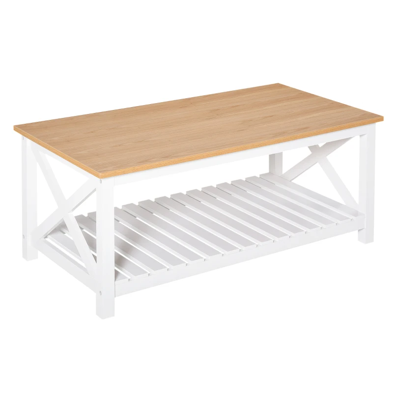 HOMCOM Farmhouse Style Coffee Table with X Bar Frame, Open Slat Wooden Bottom Shelf, Natural/White