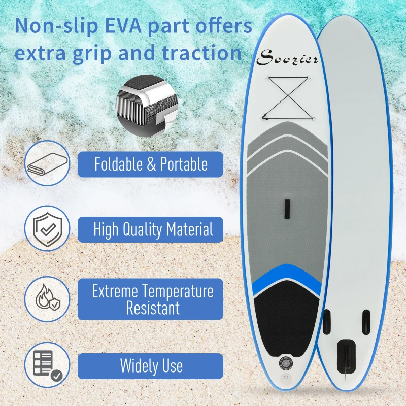 Soozier Inflatable Paddle Board, 10'×31.5"×6" Stand Up Paddle Board, Lightweight & Foldable w/ ISUP Accessories & Carry Bag, Aluminum Paddle, Fix Accessories Set, Air Pump, Leash