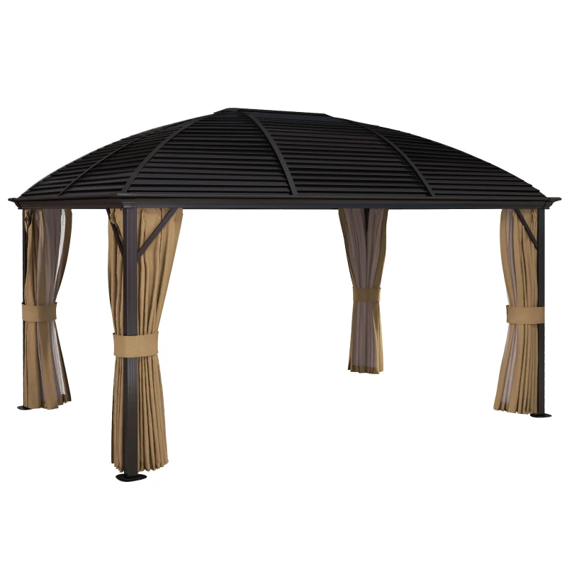 Outsunny 10' x 14' Hardtop Gazebo with Curtains, Netting, Pavilion with Steel Roof Ceiling Hook for Garden Patio, Brown
